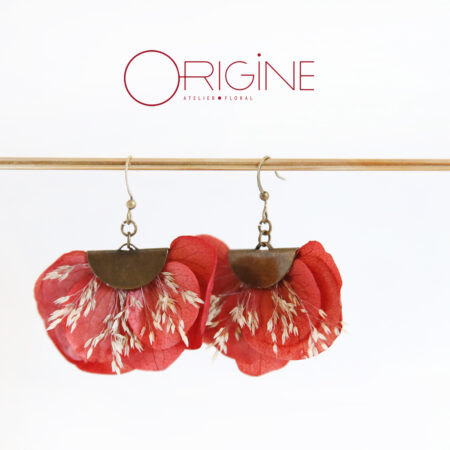Boucles d'oreilles lune • Hortensia rouge orangé et graminée
