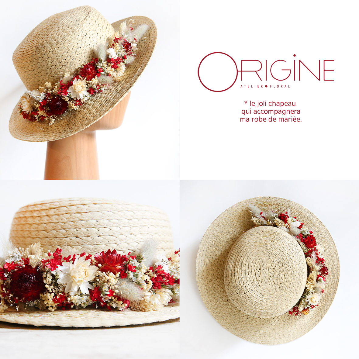 Chapeau de paille fleuri, Fleurs séchées, Origine atelier floral