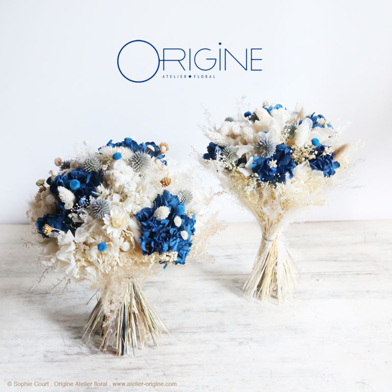 Bouquet rond de mariée. Fleurs séchées. Hortensia stabilisé. Bleu ...