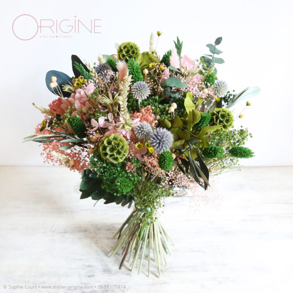 fleurs-séchées-mariage-vert-et-rose-origine-atelier-floral-bouquet-de-mariée