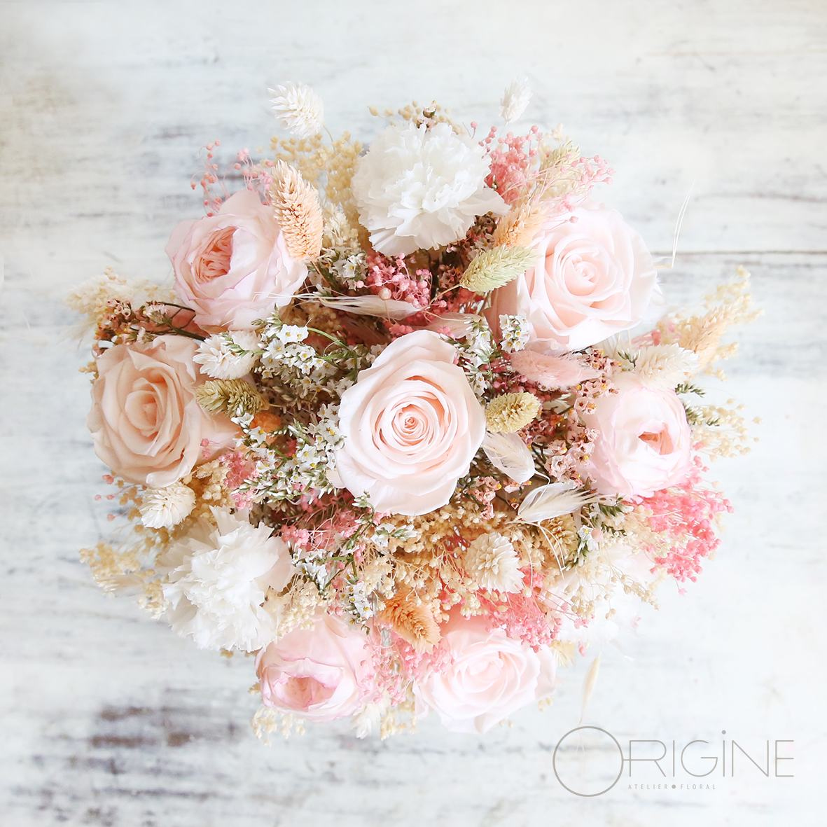 Bouquet de mariée • Roses et œillets stabilisées • Rose pink blush