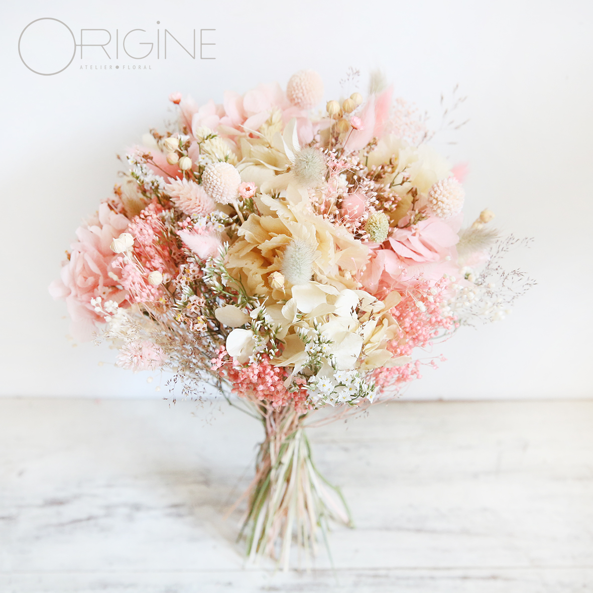 Bouquet de mariée • Fleurs séchées • Rose et blanc