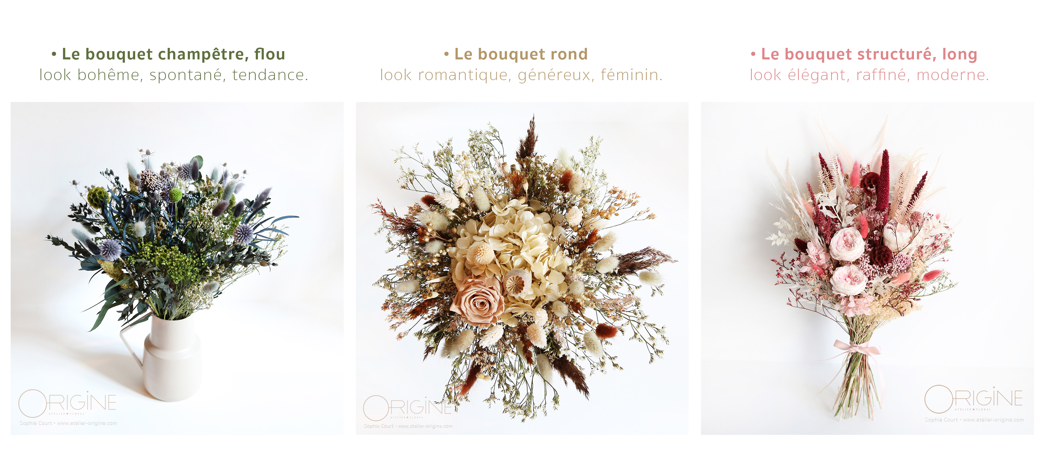 Origine atelier floral. Bouquets de fleurs séchées. Décoration/Mariage |  Livraison