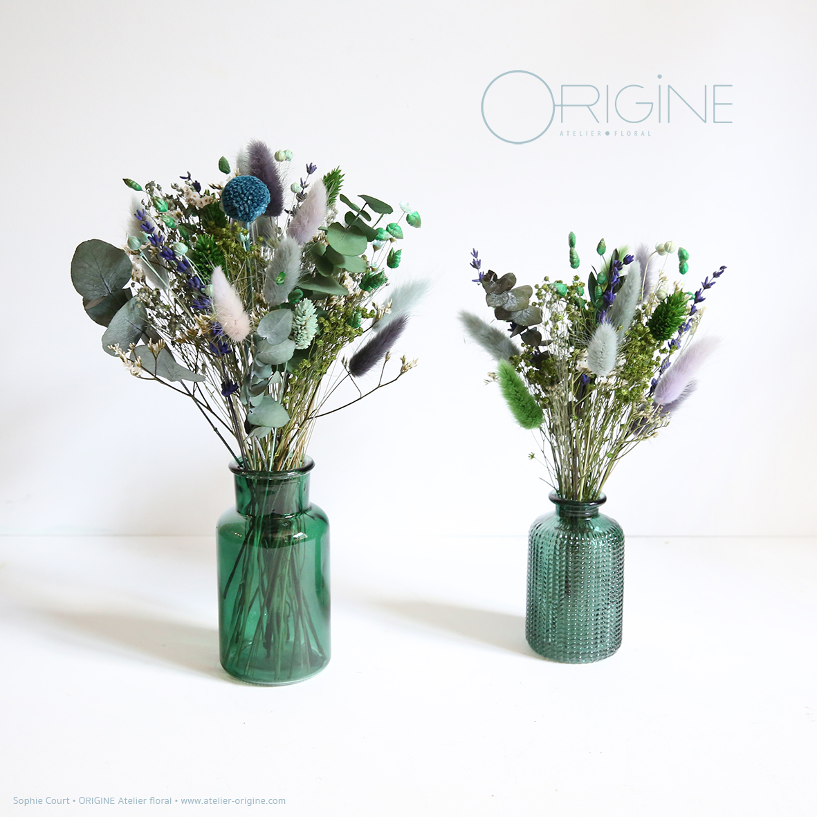 mini bouquet + vase centre de table fleurs séchées eucalyptus mariage