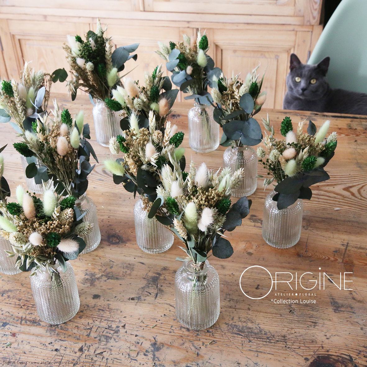 mini bouquet + vase centre de table fleurs séchées mariage