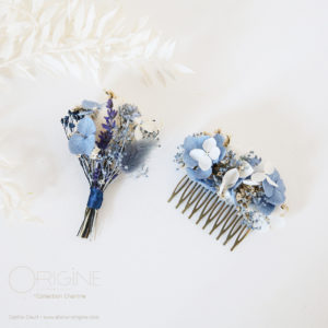 peigne-boutonnière-fleurs-séchées-stabilisées-mariage-bleu-origine-atelier-floral