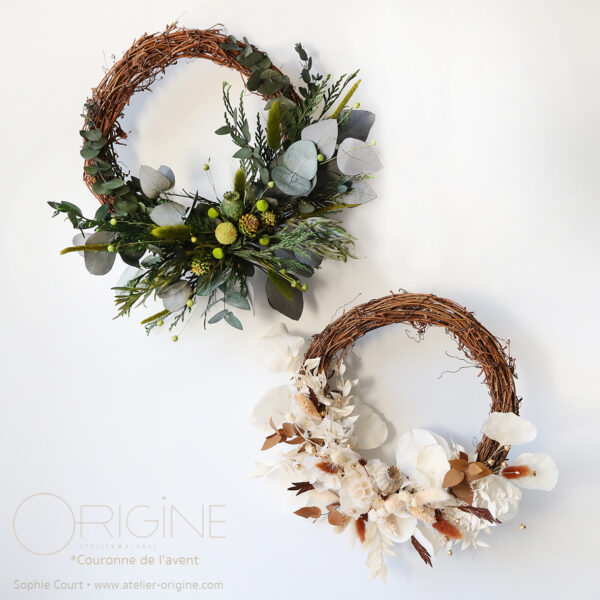 couronne-de-porte-noel-fleurs-séchées-stabilisées-vert-Couronne-de-l'Avent-origine-atelier-floral