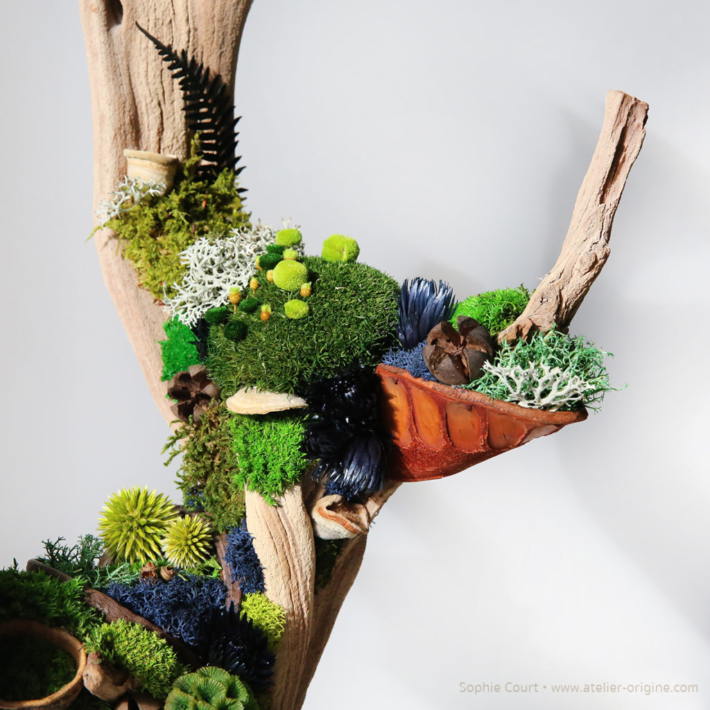 sculpture végétale bois de manzanita origine atelier floral fleurs séchées vegetaux stabilisés