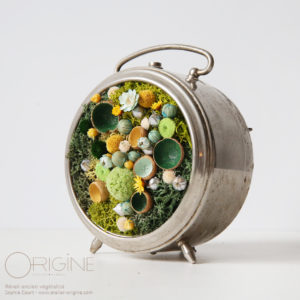 reveil-ancien-végétalisé-tableau-végétal-vegetaux-stabilisés-vintage-horlogue-cloche-origine-atelier-floral