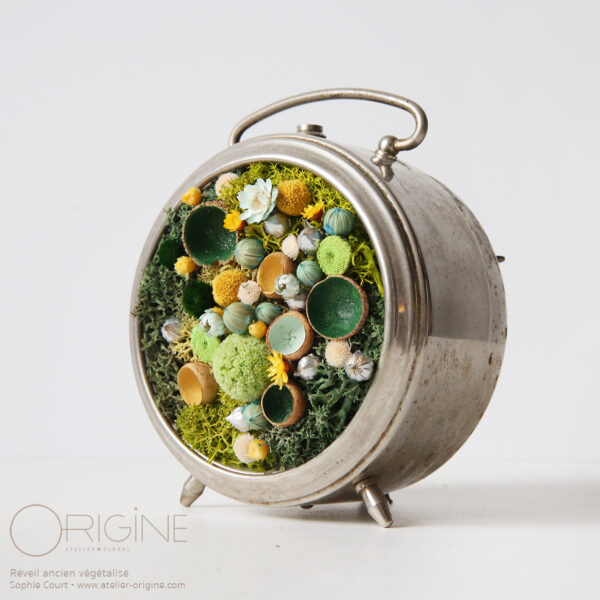 reveil-ancien-végétalisé-tableau-végétal-vegetaux-stabilisés-vintage-horlogue-cloche-origine-atelier-floral