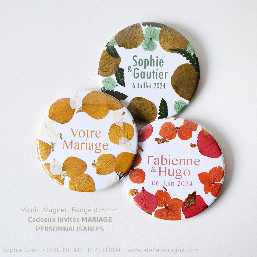 miroir-de-poche-magnet-badge-fleurs-séchées-stabilisées-mariage-entreprise-personnalisable-origine-atelier-floral