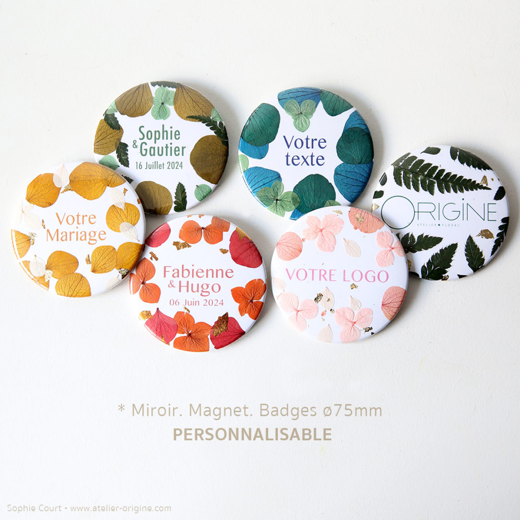 miroir-de-poche-magnet-badge-fleurs-séchées-stabilisées-mariage-entreprise-personnalisable-origine-atelier-floral