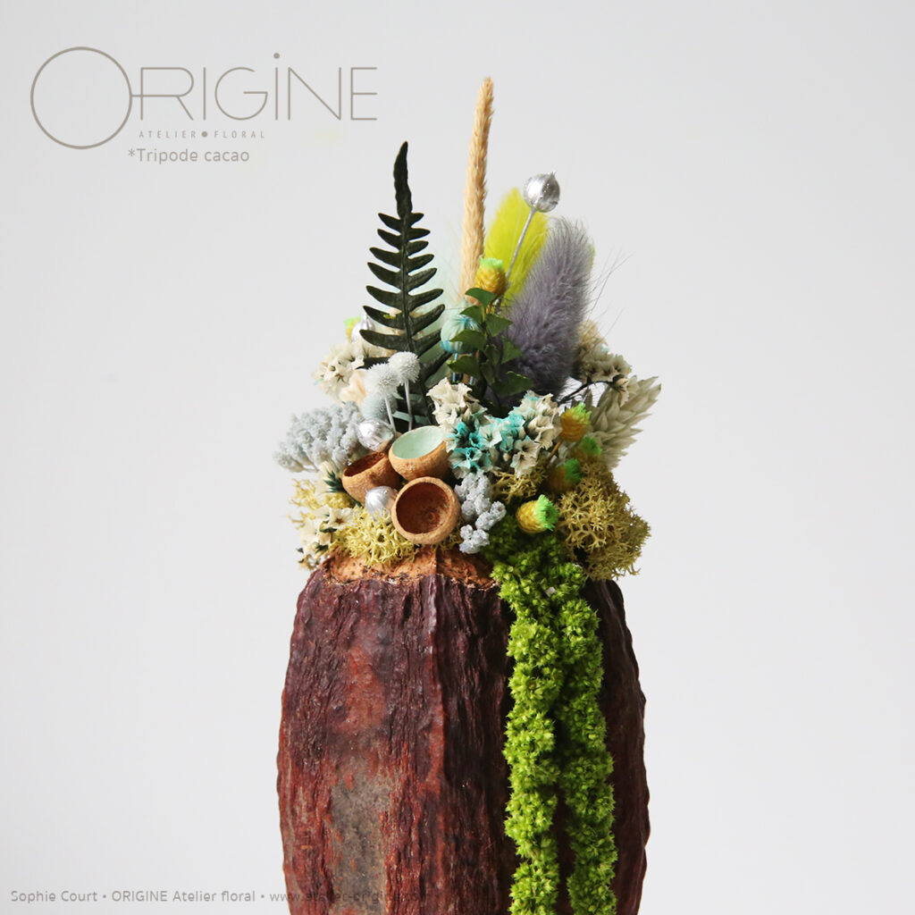 décoration-végétale-tripode-cacao-feve-de-cacao-origine-atelier-floral