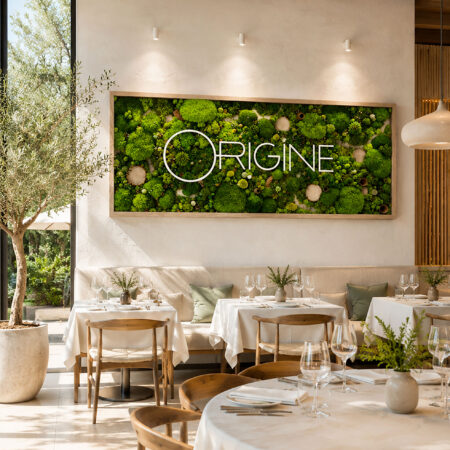 tableau végétal avec logo restaurant haut de gammetableau végétalisé identité visuelle origine atelier floral sophie court2