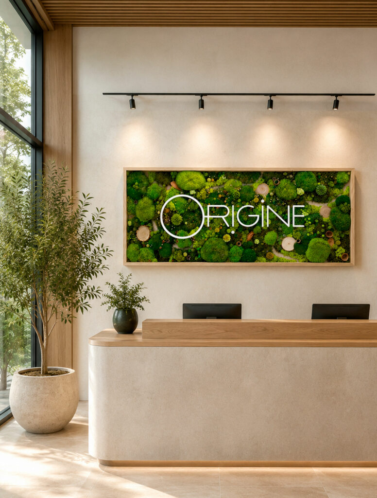 tableau végétal avec logo hall d'entreprise tableau végétalisé identité visuelle origine atelier floral sophie court