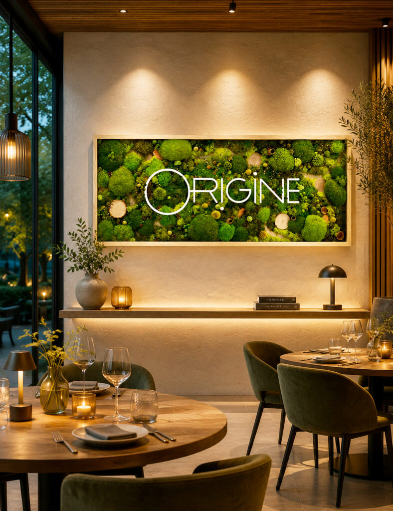 tableau végétal avec logo restaurant haut de gamme tableau végétalisé identité visuelle origine atelier floral sophie court3