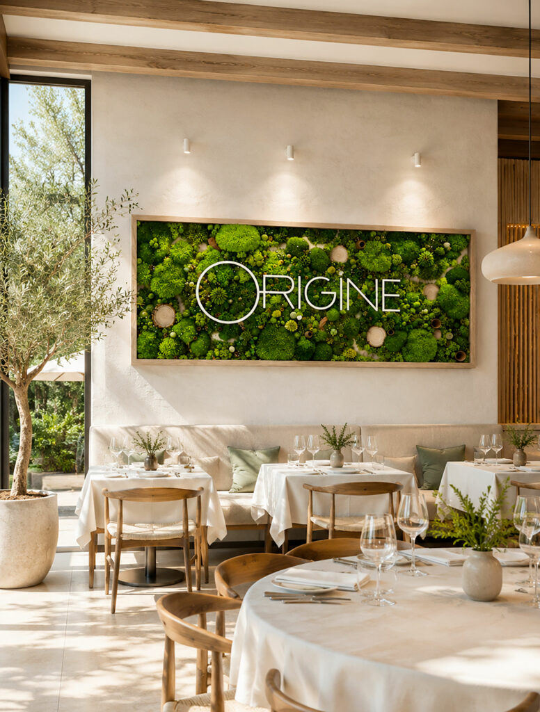 tableau végétal avec logo restaurant haut de gammetableau végétalisé identité visuelle origine atelier floral sophie court2