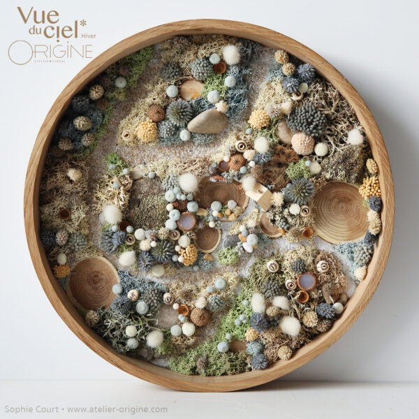 tableau-végétal-foret-vue-du-ciel-decor-neige-cadre-en-chene-origine-atelier-floral-sophie-court-imitation-interdite
