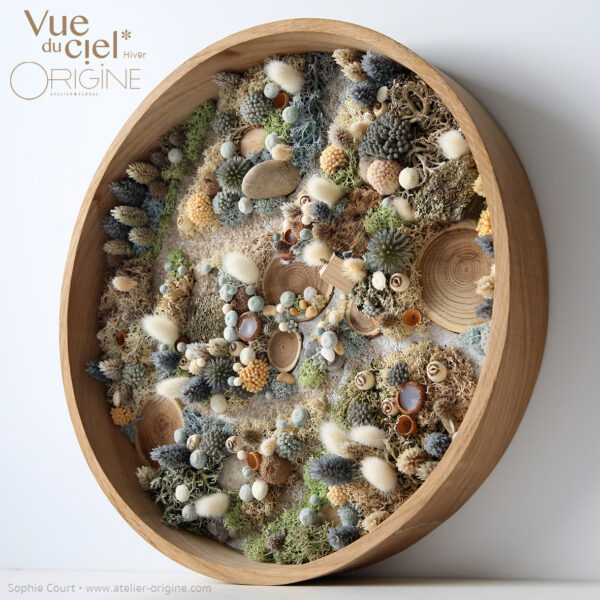tableau-végétal-foret-vue-du-ciel-decor-neige-cadre-en-chene-origine-atelier-floral-sophie-court-imitation-interdite